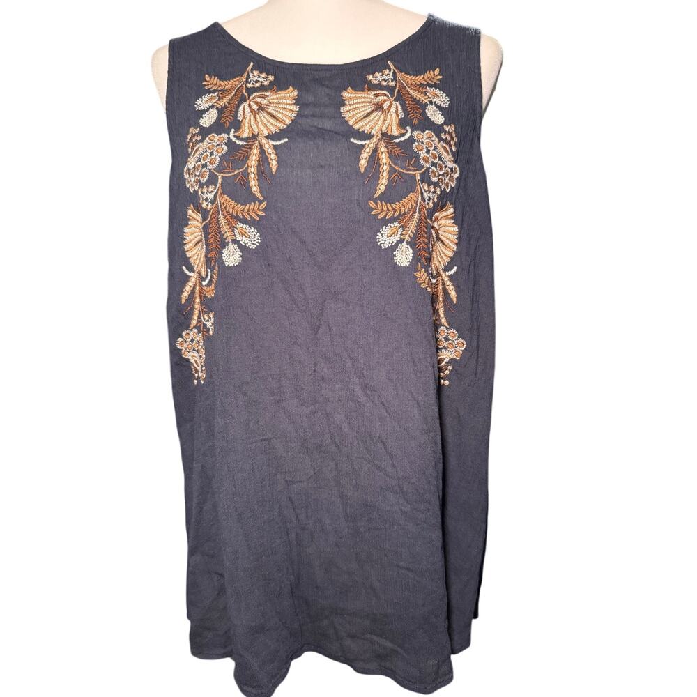 J. Jill Embroidered Floral Sleeveless Tunic Top, Navy Boho Swing, Size XL